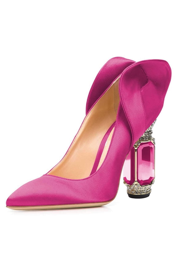 Women Stylish Pointed Closed Toe Pumps Crystal Chunky Block High Heels Slip On Unique Curly Back Wedding Dress Shoes Size 7.5 Pink