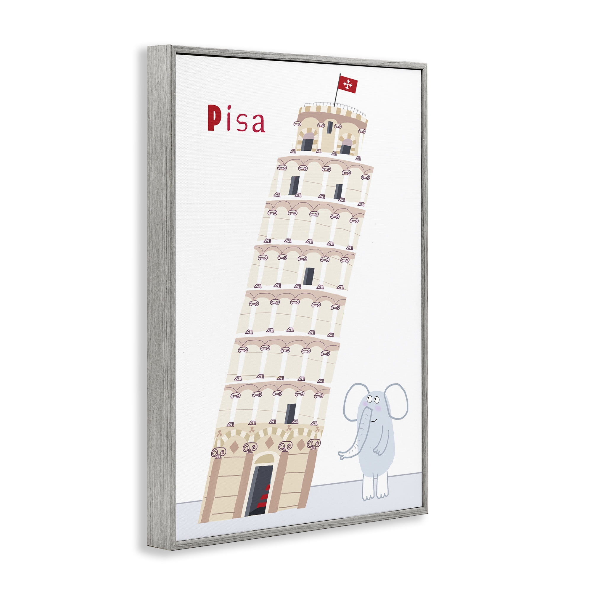 Elephant & Leaning Tower Pisa Gray Framed Giclee Art, design by Carla Daly