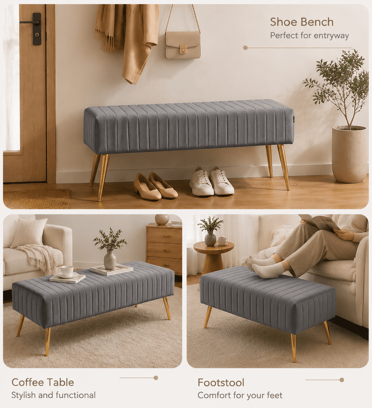 Modern Upholstered Bedroom Bench, End of Bed Bench with Gold Metal Legs, Fabric Entryway Bench Ottoman, Padded Accent Bench for Bedroom, Living Room, Hallway, Grey