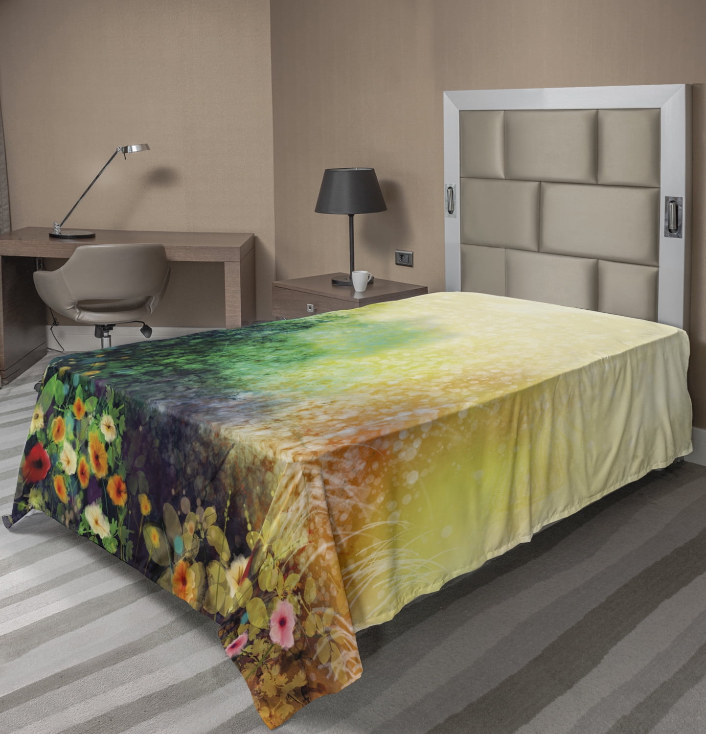 Flower Flat Sheet, Vibrant Colored Flower Bed on Valley in Fall Season