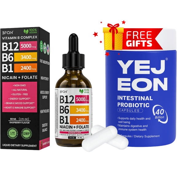 Vitamin B12 Raspberry Liquid Supplement Drops with B6, B1, Niacin & Folate - Edible Support for Energy, Brain & Heart, Non-GMO & Gluten-Free, 4 Fl Oz