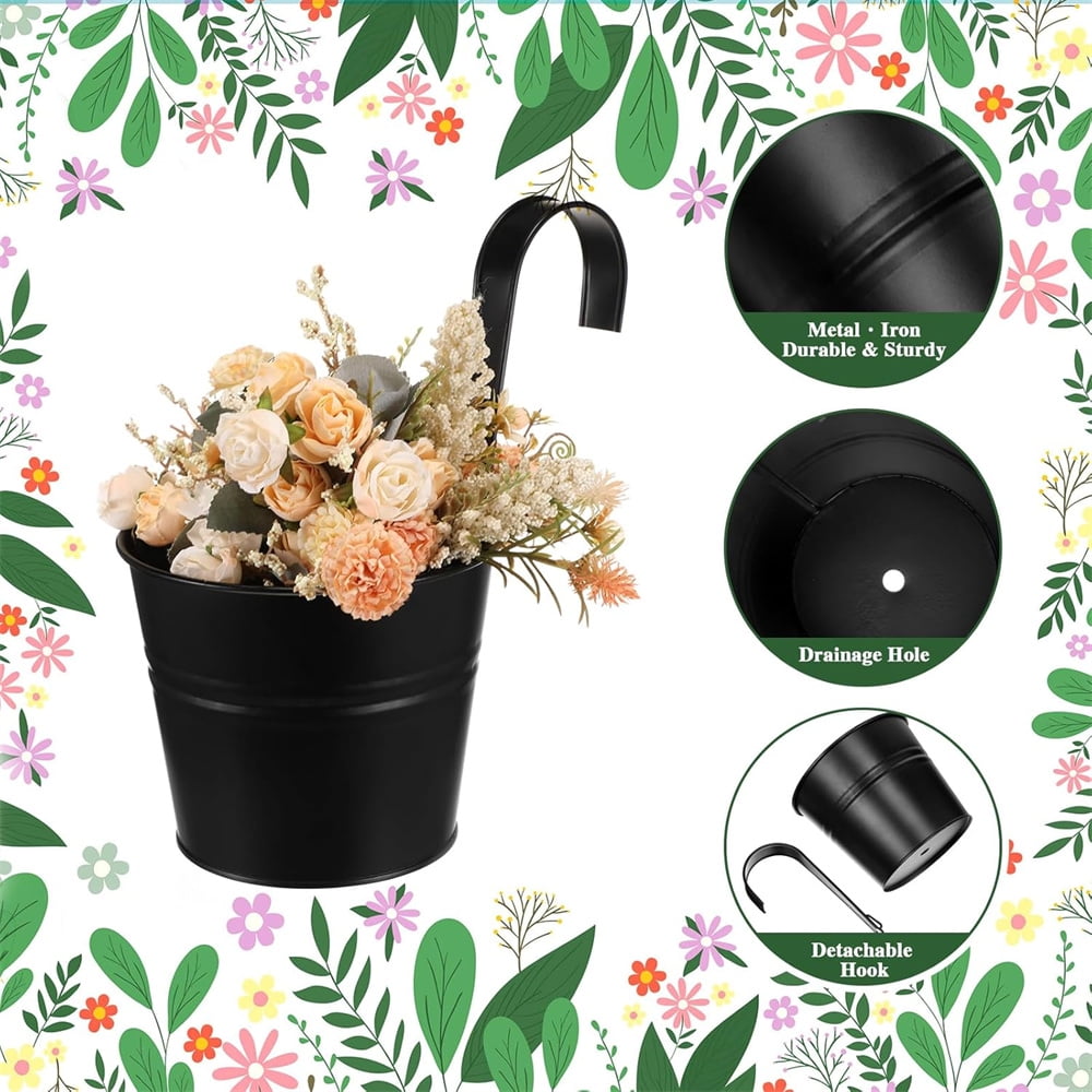 8Pack Black Fence Hanging Planters,Metal Railing Bucket,Iron Flower Pots with Detachable Hook,Outdoor Green Plant Containers,for Home Office Decoration 4Inch