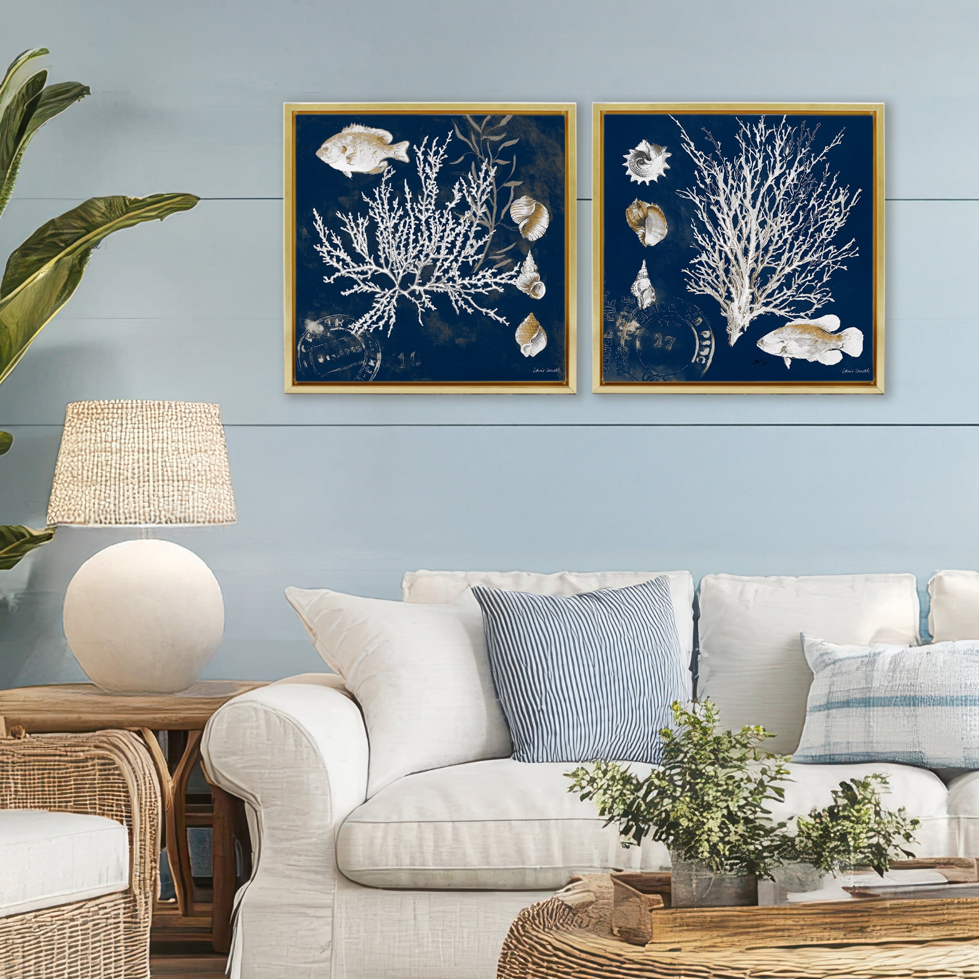Stupell Industries Navy Coral Medley 2 Piece Gold Framed Floater Canvas Set, design by Lanie Loreth