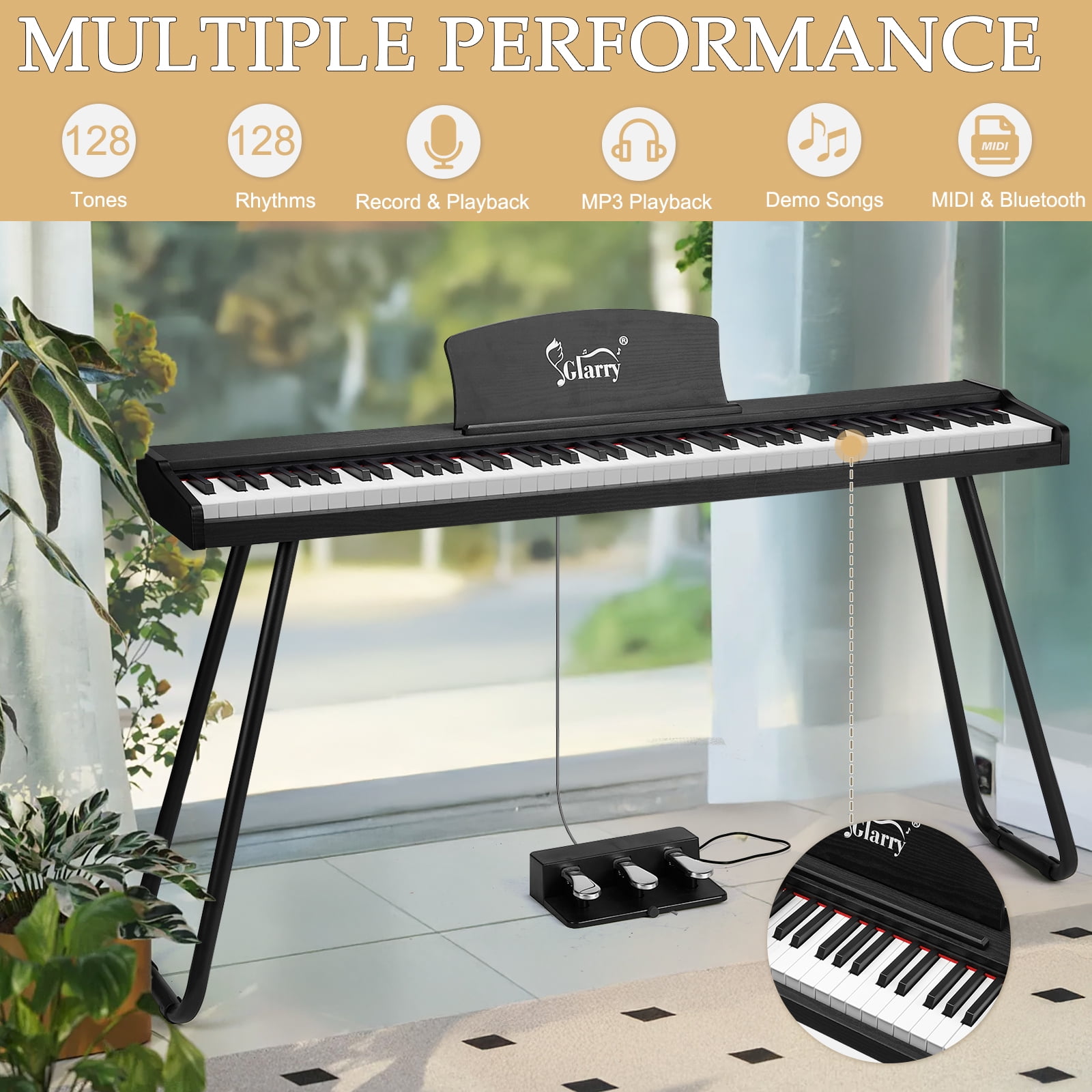 UBesGoo 88-Key Electric Piano Semi-Weighted w/Triple Pedal, Headphone, Bluetooth MIDI, Black