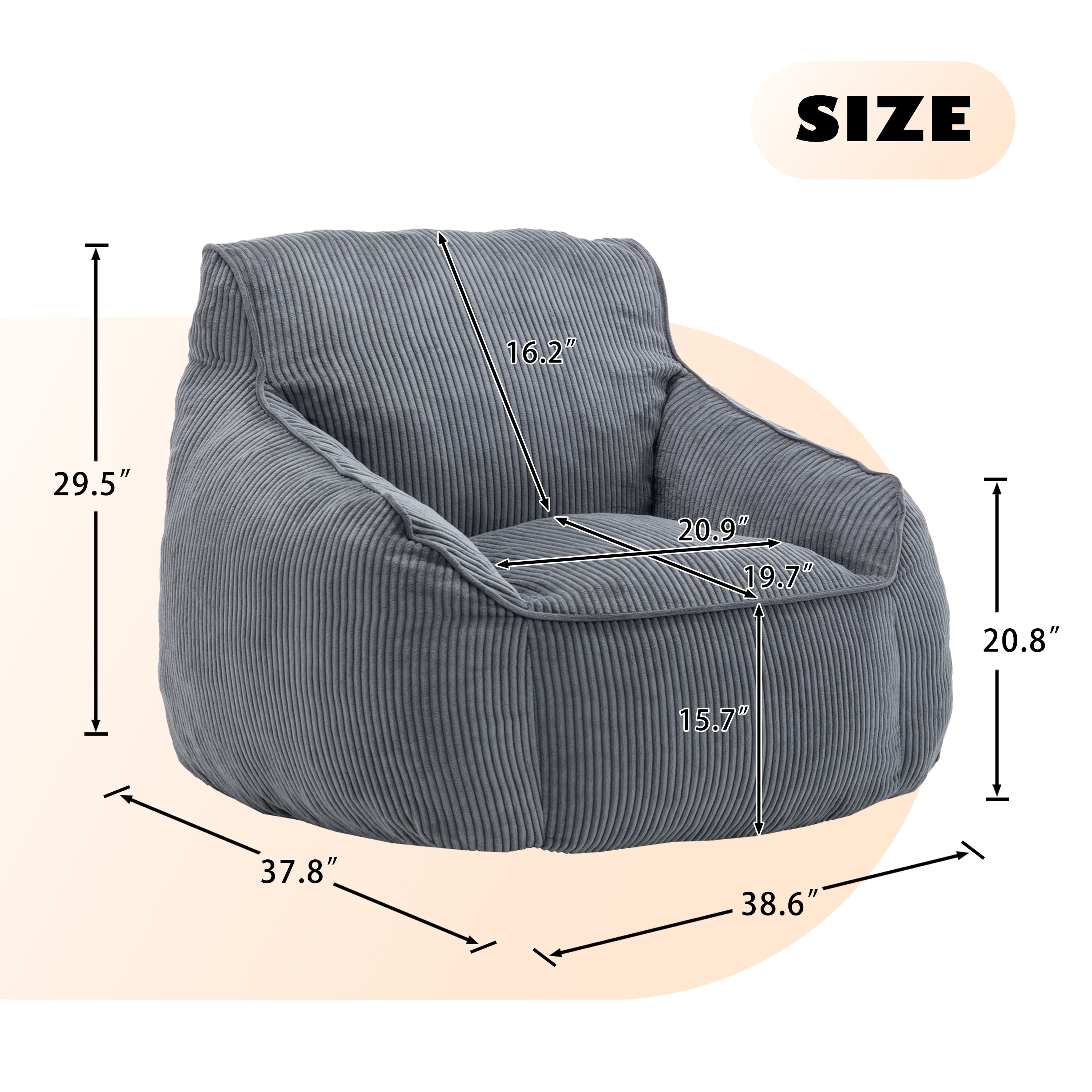 Giant Bean Bag Chair Sofa for Adults and Teens - Comfy Corduroy Large Bean Bag with Armrests for Bedroom, Living Room, Adult Lazy Sofa Couch Chair with Filler Included