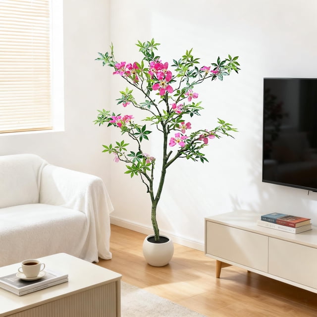 Arbre de Fleurs Kapok Artificielles Réalistes en Pot – Fleurs Roses Luxuriantes et Feuilles Vertes Riches – Grande Plante en Pot Factice pour Décoration Intérieure/extérieure de la Maison, du Bureau, d'Une Fête Ou d'Un Mariage – Entretien Facile – 150 cm (5 Pieds)