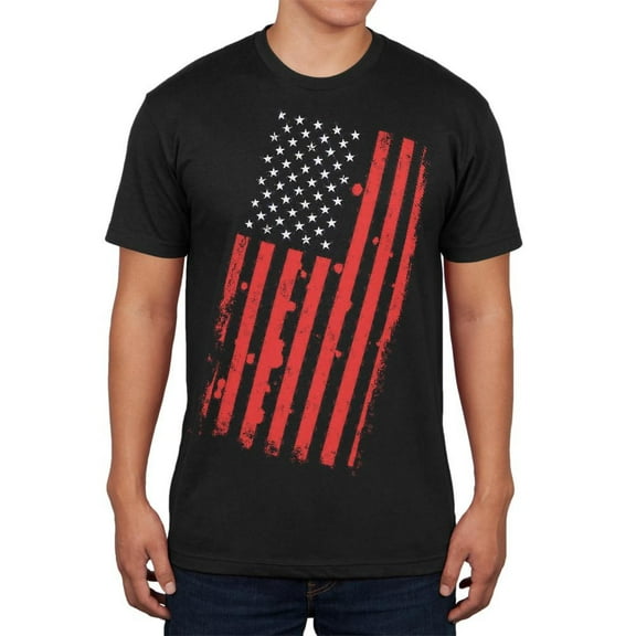 4th of July Distressed Offset American Flag Mens Soft T Shirt Black SM
