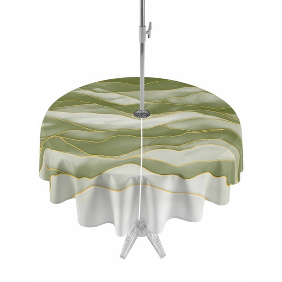 Outdoor Tablecloth with Umbrella Hole and Zipper, Sage Green Waves Watercolor Gradients Round Waterproof Table Cover 60in Washable Table Cloth for Patio Picnic Party Abstract Geometric