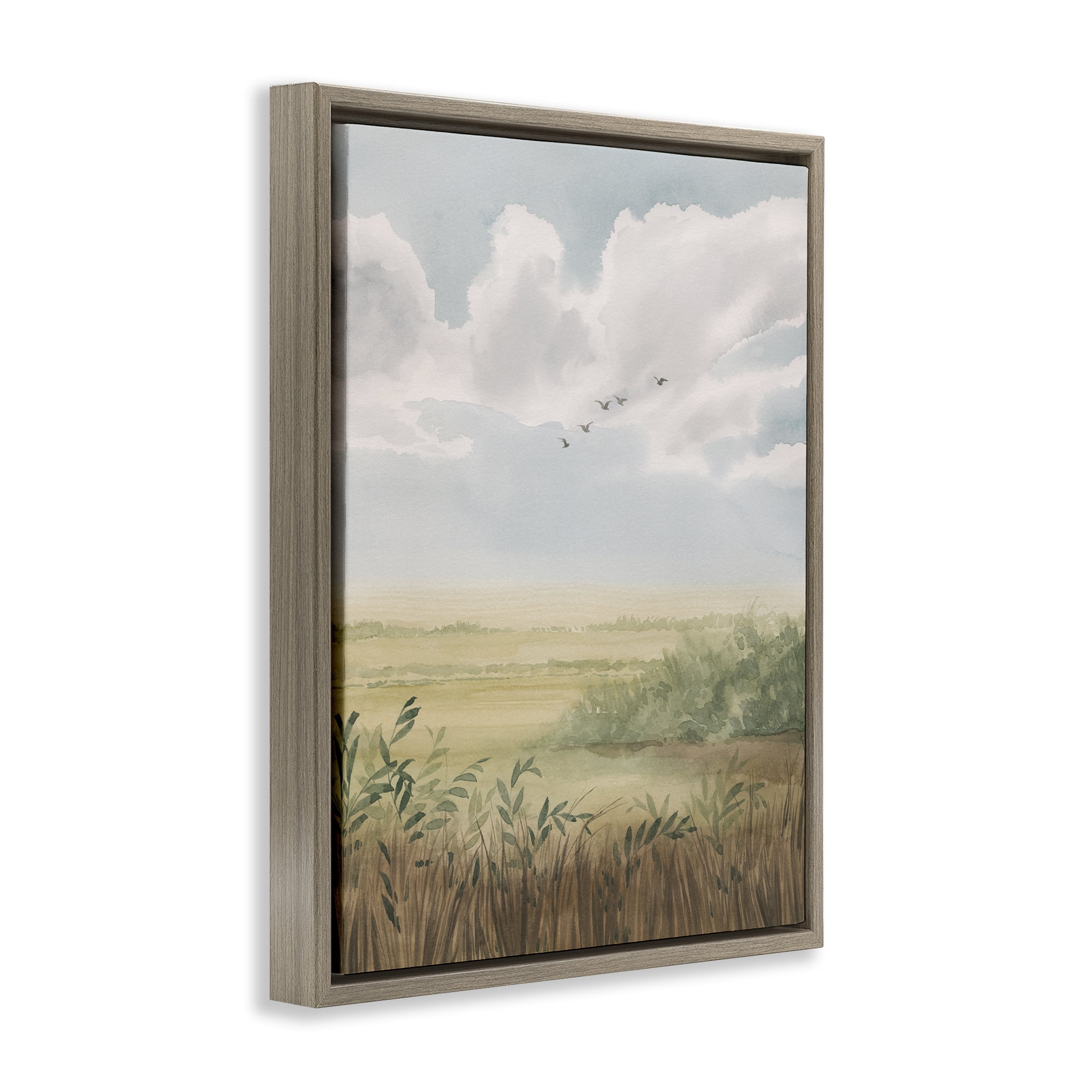 Stupell Industries Birds Flying over Countryside Landscape & Nature Painting Brown Floater Framed Canvas Art Print Wall Art, 25 x 31
