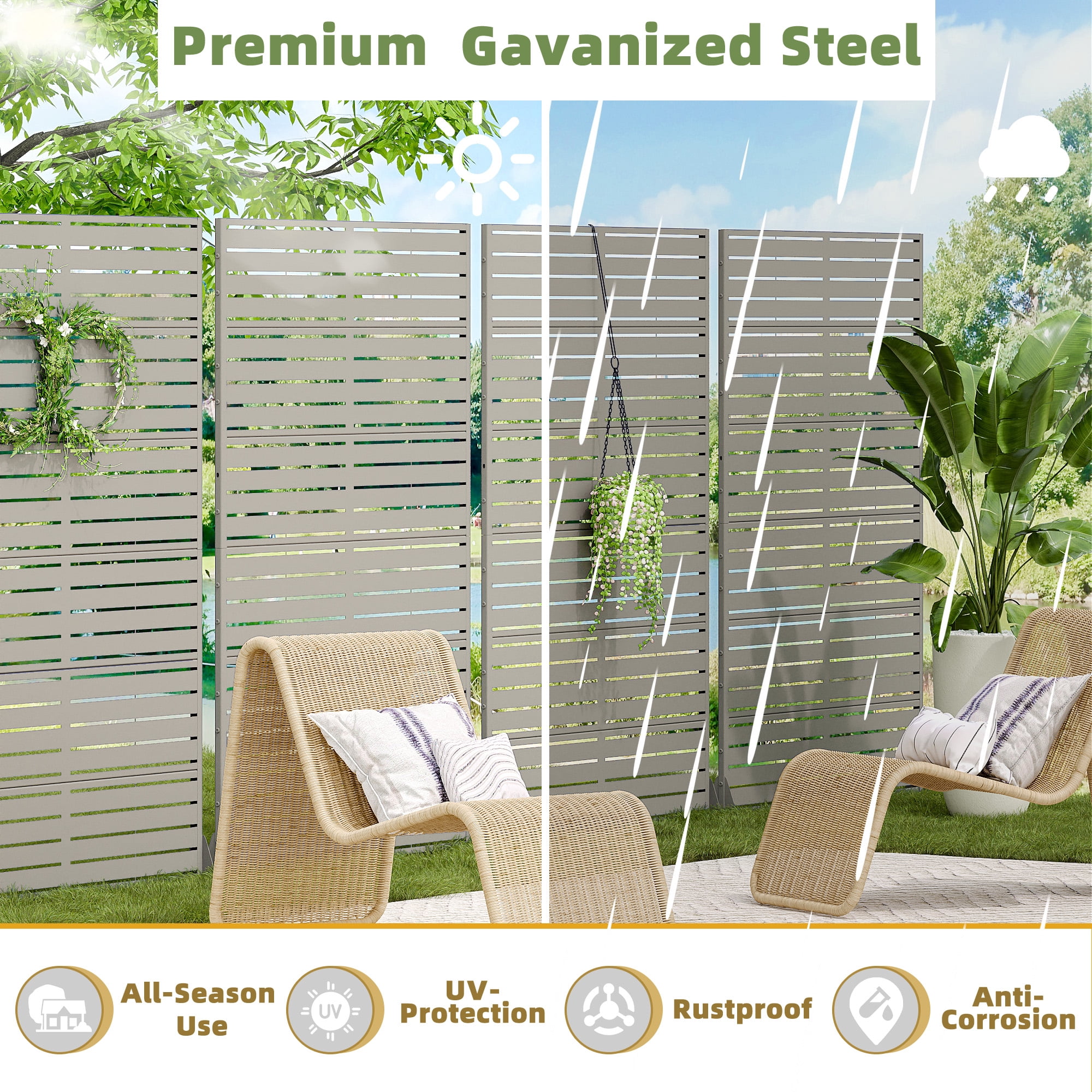 MAYEERTY 72×47" Outdoor Gray Metal Privacy Panel Screen for Backyard & Garden, Louvered Pattern