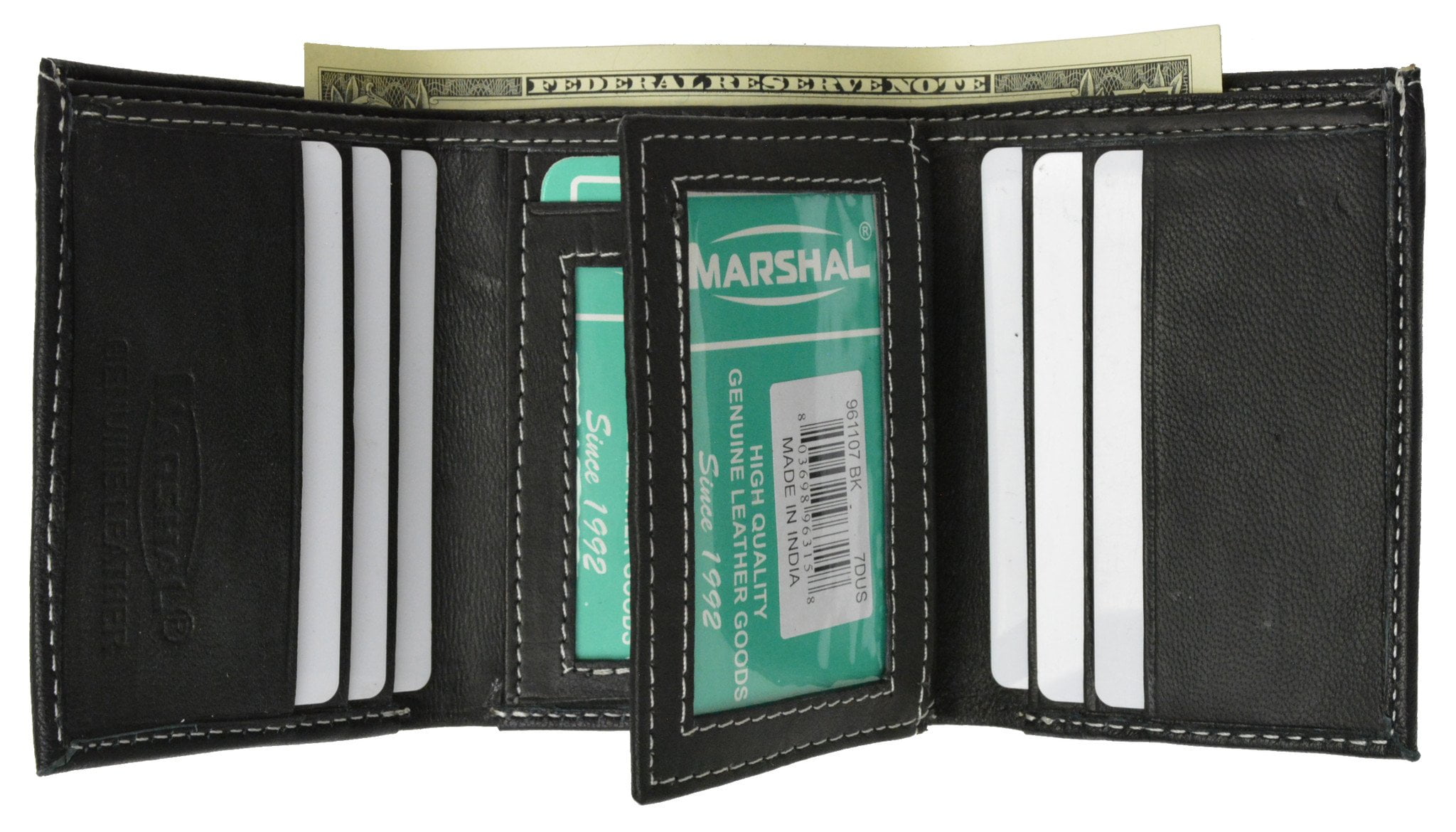 100% Leather Tri-fold Credit Card Mens Wallet Black 961107 (C