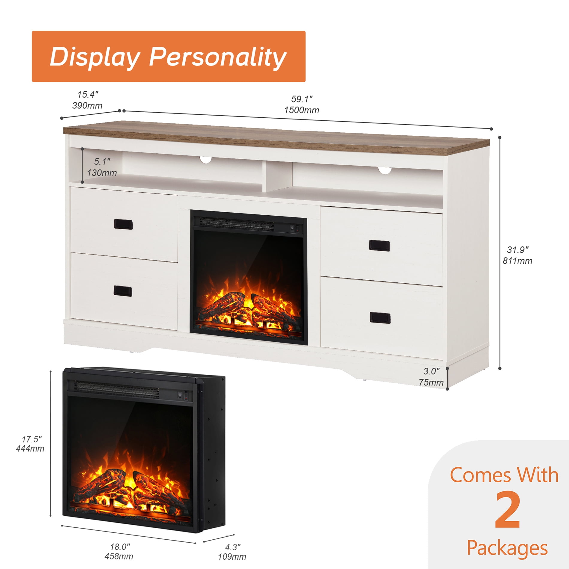 Highboy Electric Fireplace TV Stand Entertainment Center for TVs up to 65", White