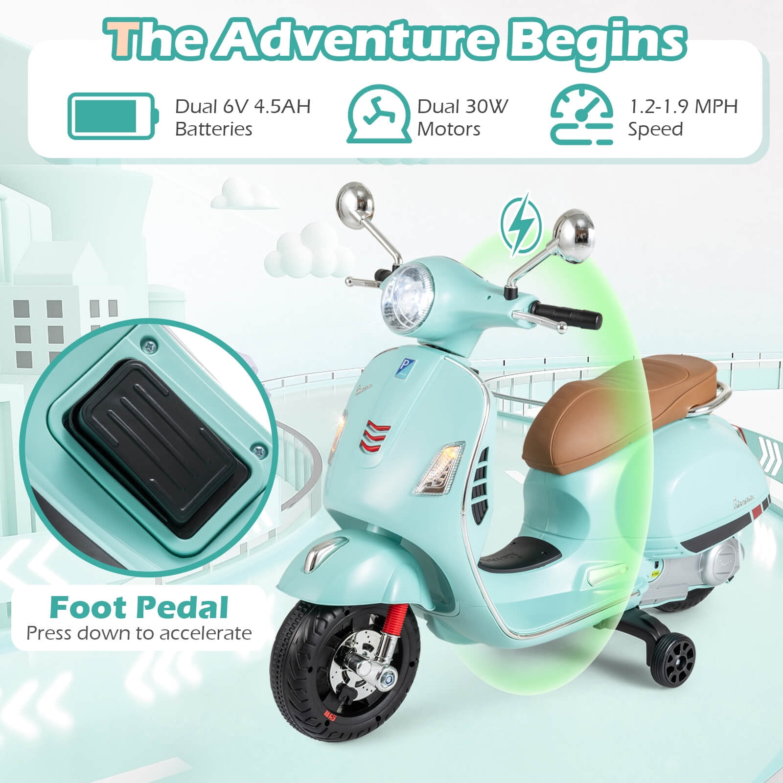 Costway Licensed VESPA 12V Kids Electric Motorcycle with Music Horn Story Training Wheels Green