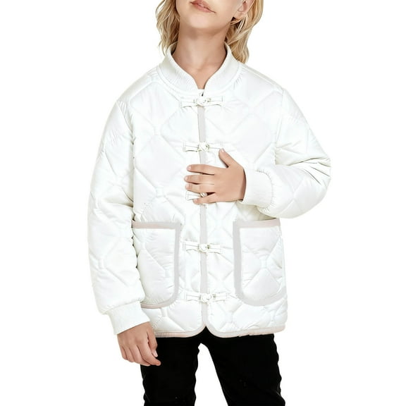Kids Winter Jackets No Hood Thick Quilted Puffer Coat with Pockets for Boys Girls 3-15 Years Warm Outerwear (14-15 Years, White)