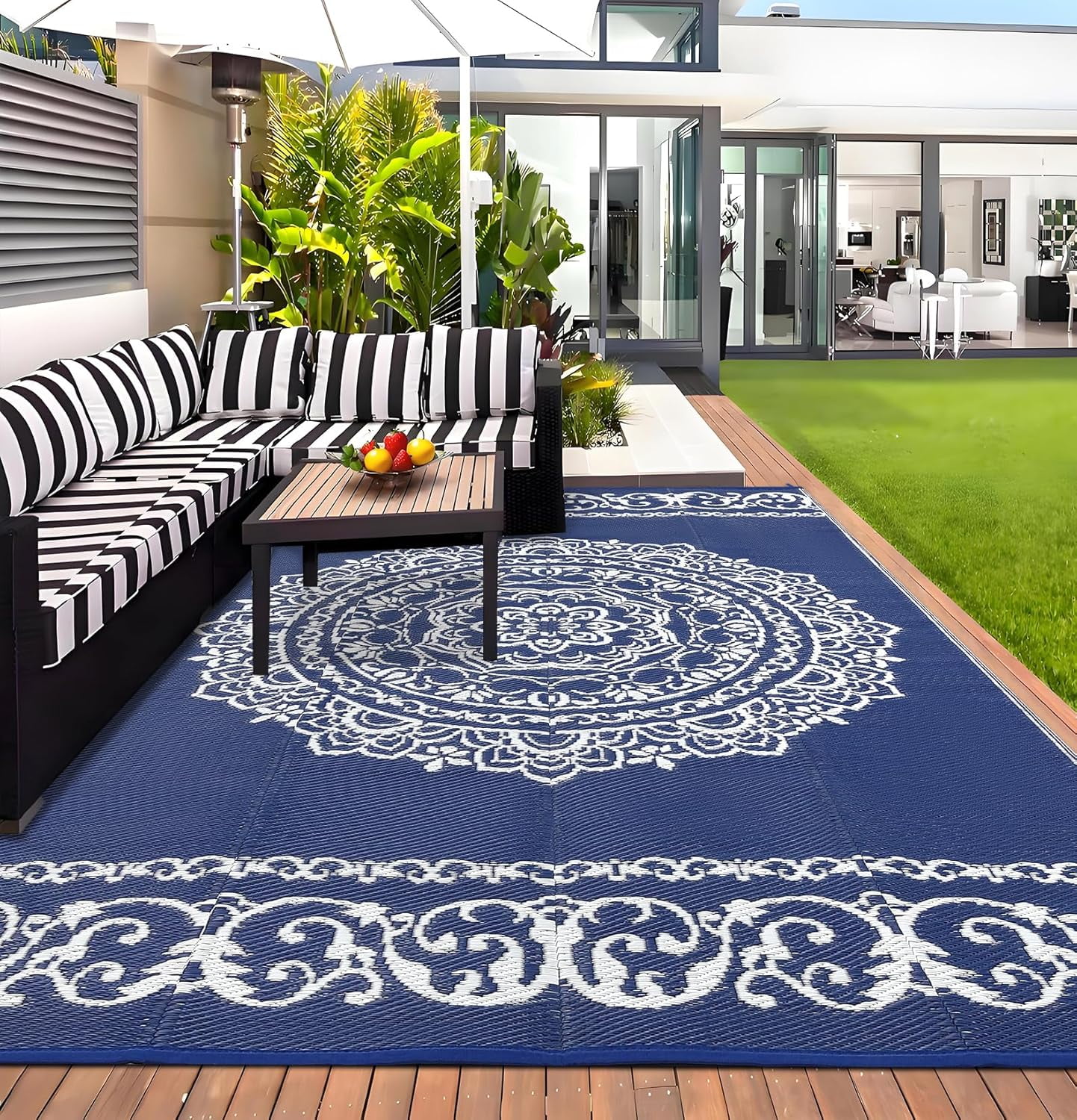 6x6 FT/5x8 FT/8x10 FT/9x12 FT/9x18 FT Outdoor Rug for Picnic Washable Non-Slip Balcony Carpet Vintage Floral Rug Stain-Resistant Easy-Clean Plastic Area Rug for Patio Backyard Farmhouse Beach Camping