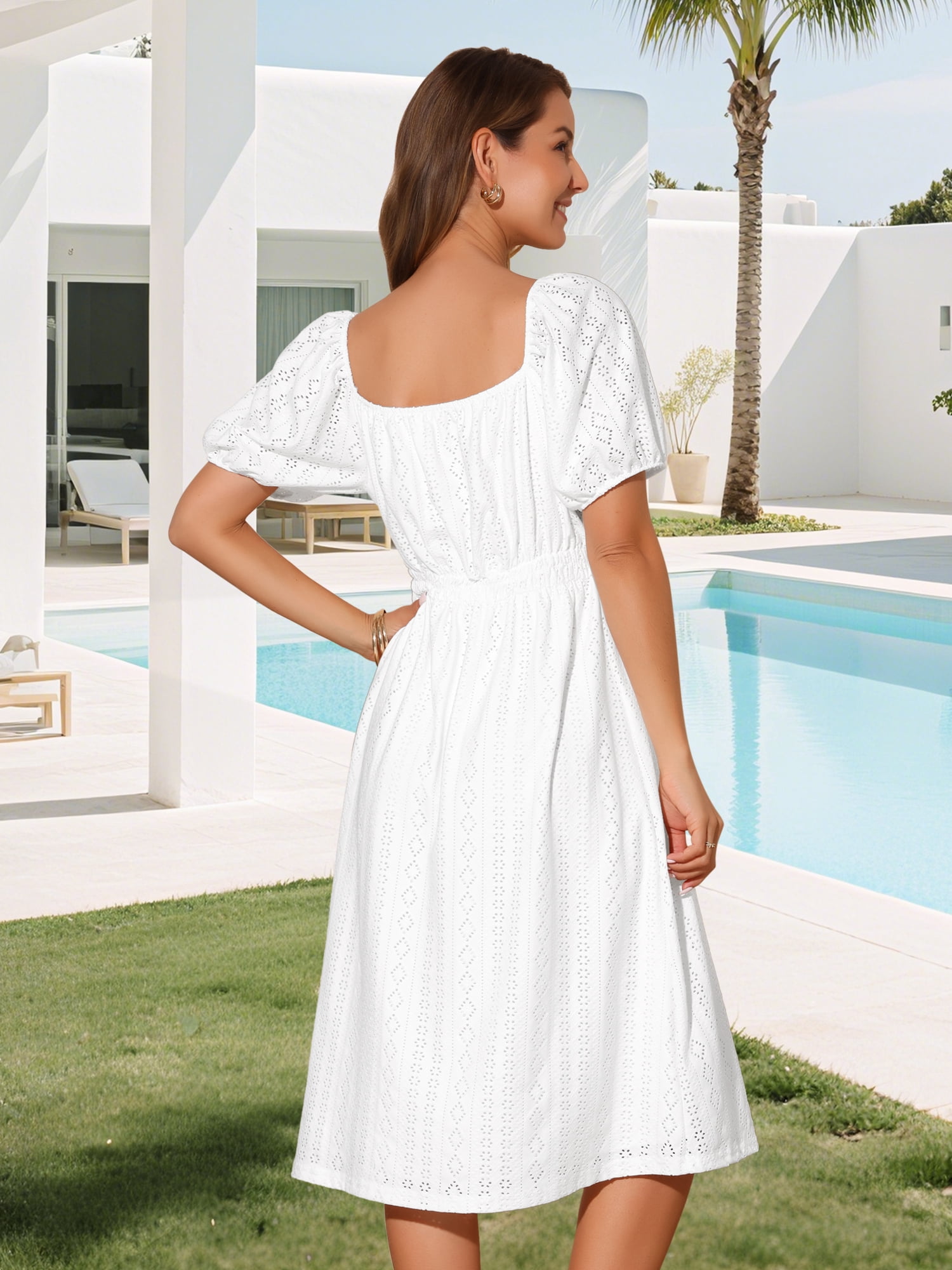 DARING DIVA Eyelet Square Neck Short Sleeve A Line Midi Dress S White