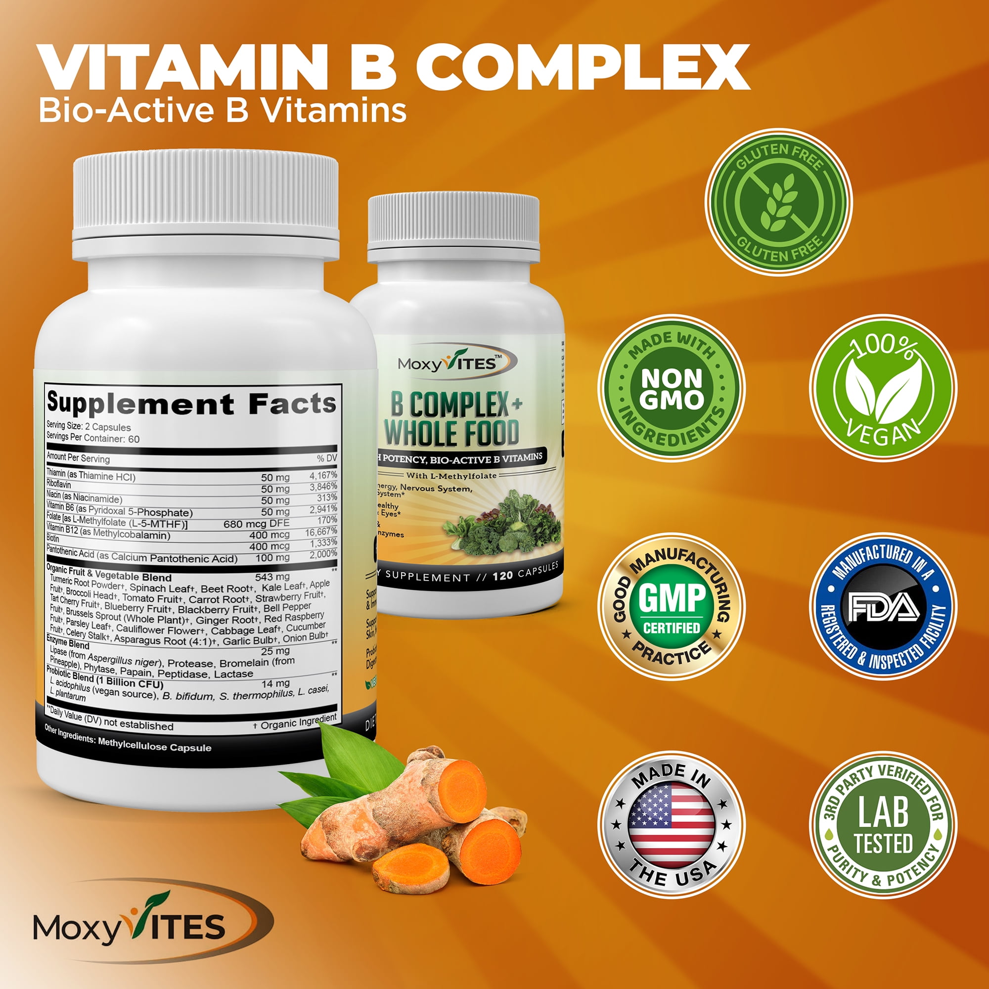 MoxyVites Methylated B-Complex with Methyl B12, P-5-P B6 and L-Methylfolate, Energy and Heart Support, Vegan, Gluten-Free, 120 Count