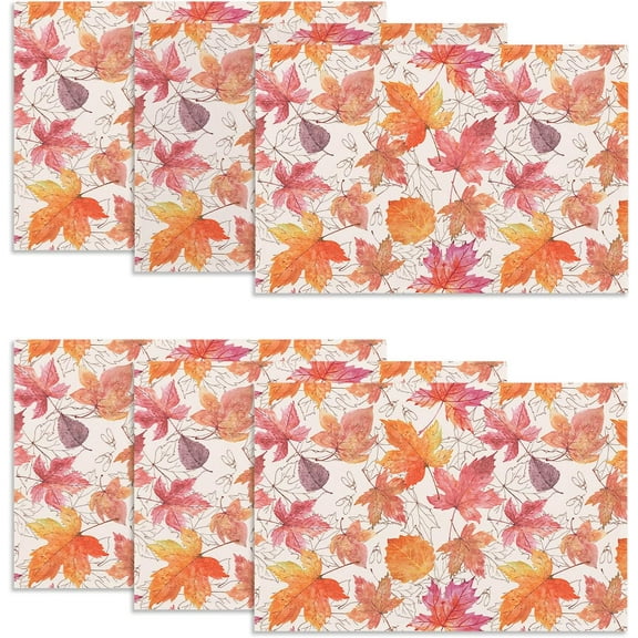 Fall Placemats Set of 6, 12 x 18 Inch, Printed Thanksgiving Maple Leaf Linen Table Mats, Seasonal Autumn Holiday Table Decorations for Kitchen, Dining, Party Decor
