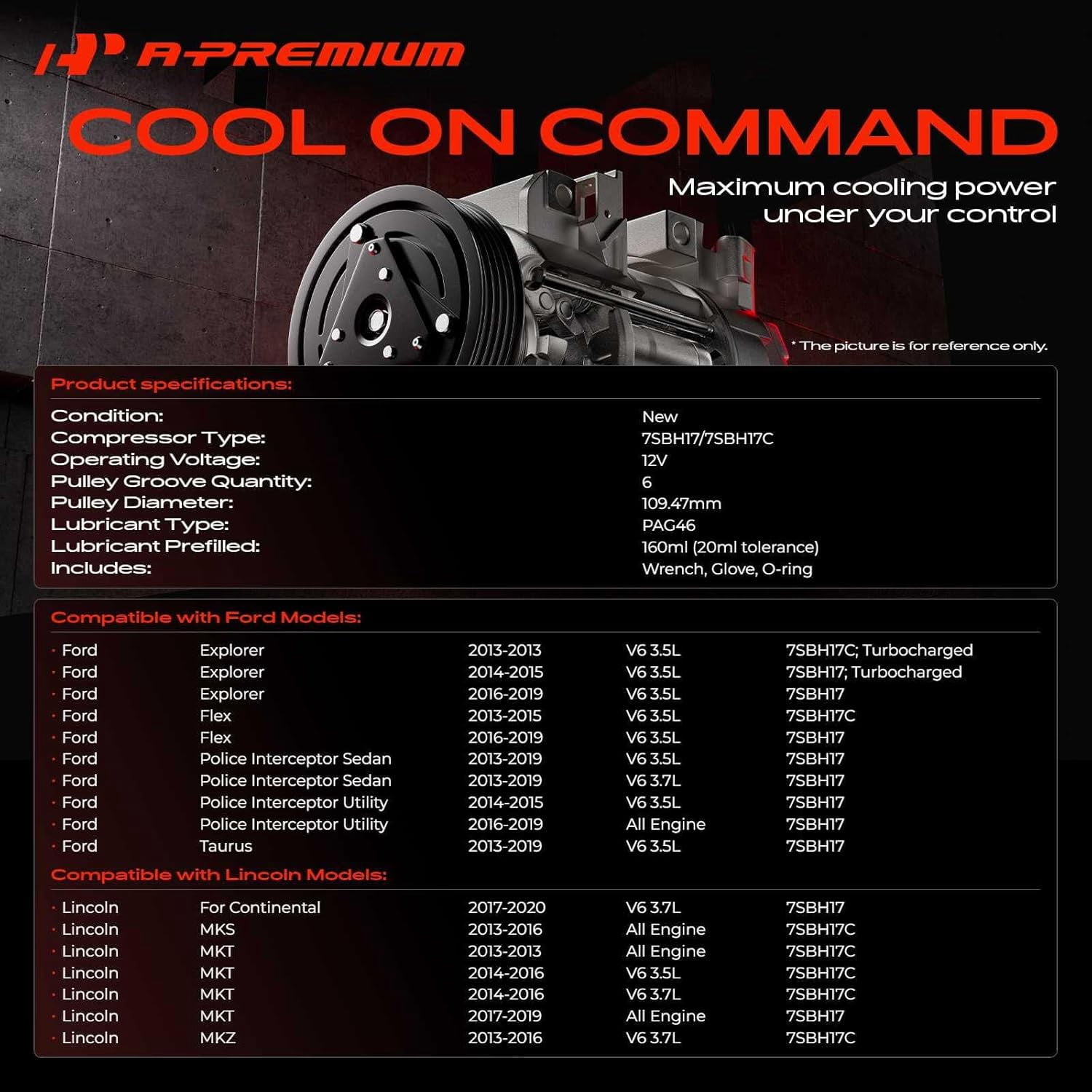 A-Premium AC Compressor with Clutch Compatible with Ford Explorer Flex Taurus Lincoln Continental MKS MKT MKZ Fits select: 2016-2019 FORD EXPLORER XLT, 2013-2018 FORD TAURUS SEL