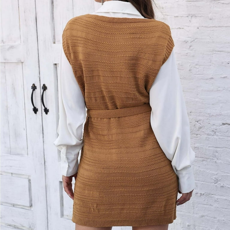 Cfhntfmh Women Sweater Vest Oversized V Neck Sleeveless Knit Pullover Ribbed Vest Dress with Belt Mini Sweater Dress Fall OutfitsBrown,Large) Cfhntfmh Women Sweater Vest Oversized V Neck Sleeveless Knit Pullover Ribbed Vest Dress with Belt Mini Sweater Dress Fall OutfitsBrown,Large)