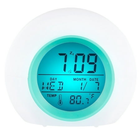 LCD Alarm Clock with Smart Light,7 Color Night Light Snooze Temperature Detect Sleep Bedside Wake Up Timer Natural Sound Alarm Clock（Battery not included）
