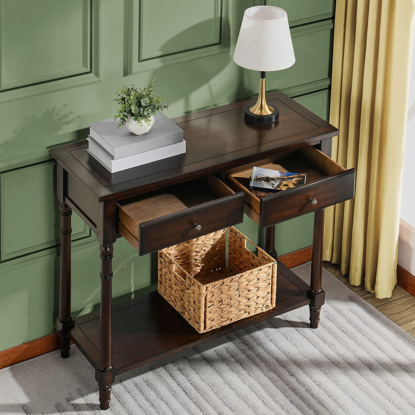 JESONVID Solid Wood Console Table with 2 Drawers, 2-Tier 35.4" X 30" Accent Sofa Table with Multilayer Storage Shelf Rustic Hall Entryway Tables for Living Room Home Office-Walnut