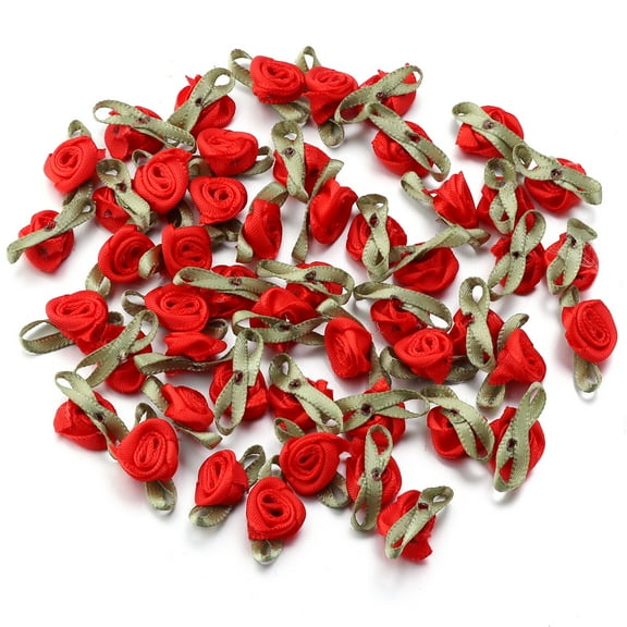 XmhyTop-A 100 Pcs Mini Satin Roses Artificial Ribbon Roses for Wedding Decor, DIY Crafts, Scrapbooking Gift Toppers Small Satin Bows, Decorative Red Roses Floral Craft Supplies,Red