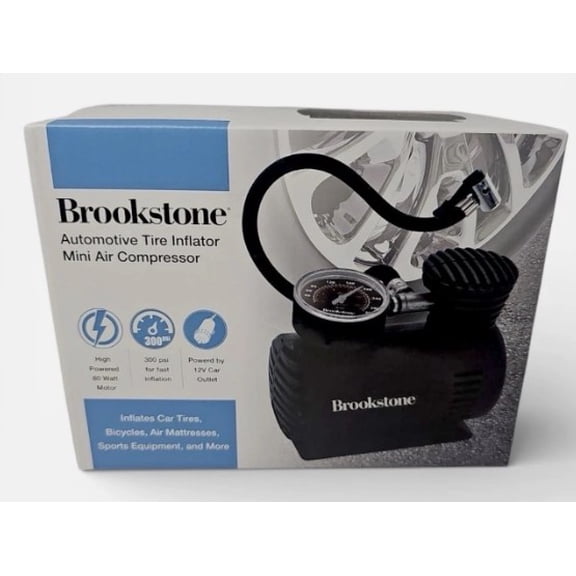 Brookstone Automotive Tire Inflator Mini Air Compressor, 12V Portable Air Pump, 300 PSI, Black