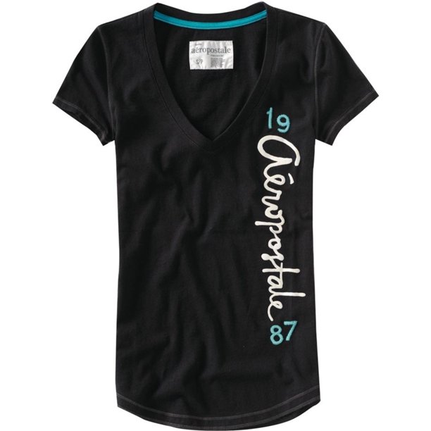Camiseta gráfica con cuello en V para mujer de Aeropostale, negra, pequeña