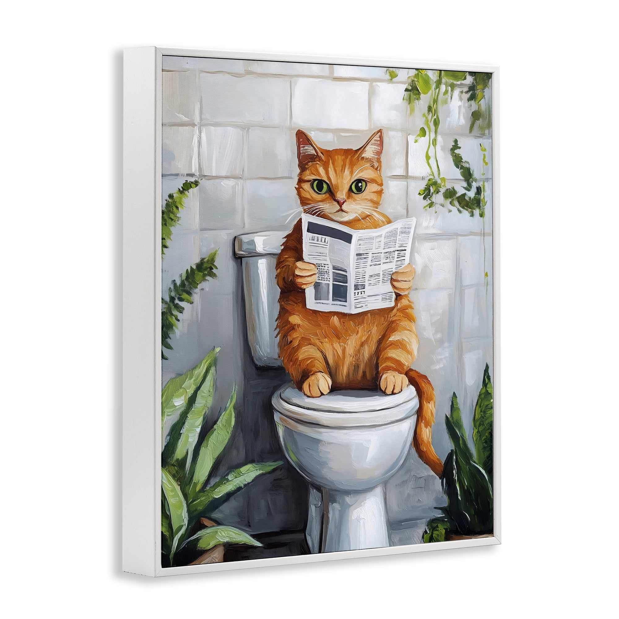 Stupell Industries Orange Cat Reading Paper White Framed Giclee Art, design by The Prints Vibe
