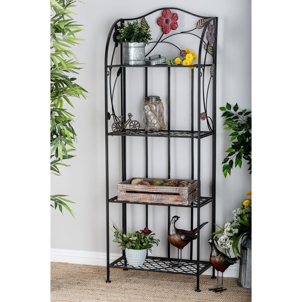 Decmode Large Indoor & Outdoor Metal Shelf with Flowers, Decorative
