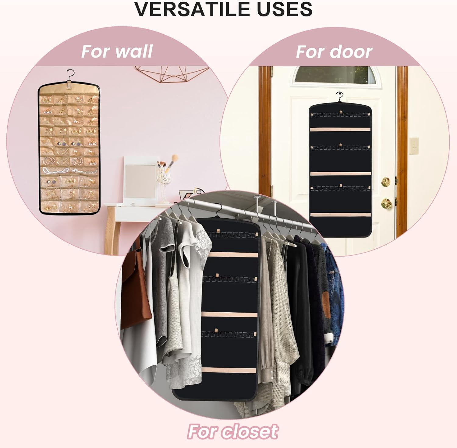 Hanging Jewelry Organizer Storage Roll with Hanger Metal Hooks Double-Sided Jewelry Holder for Earrings Necklaces Rings on Closet Wall Door, 1 piece