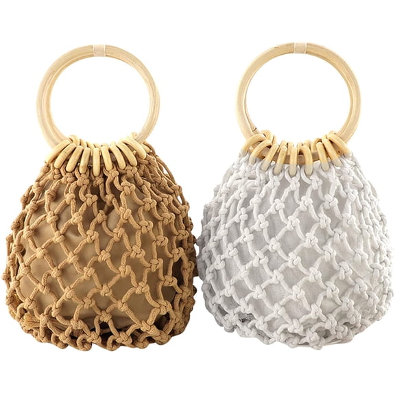 PIKADINGNIS Women Mini Clutch Tote Handbag Top-handle Bucket Drawstring Handbag Beach Woven Handmade Fishing Net Bag Pouch Purse