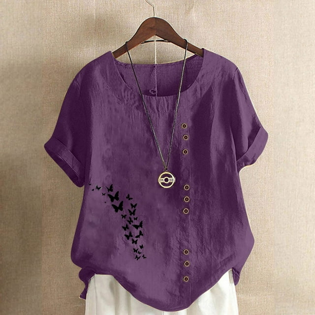 Staron Chemisiers d'Été pour Femmes Décontractés en Doux Lin et Coton à Manches Courtes, Graphiques, Grande Taille, Col Rond, Chemisiers Mode, Violet 4TG