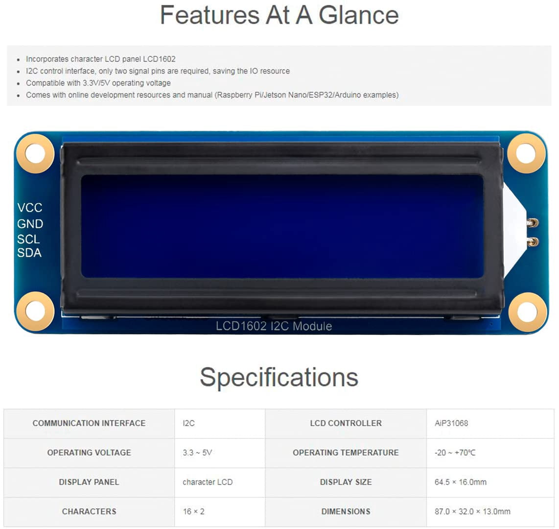 AiP31068 LCD1602 I2C Module,16x2 Characters Display, White Color with Blue Background, Compatible with Arduino// Pico/Jetson Nano/ ESP32, 3.3V/5V
