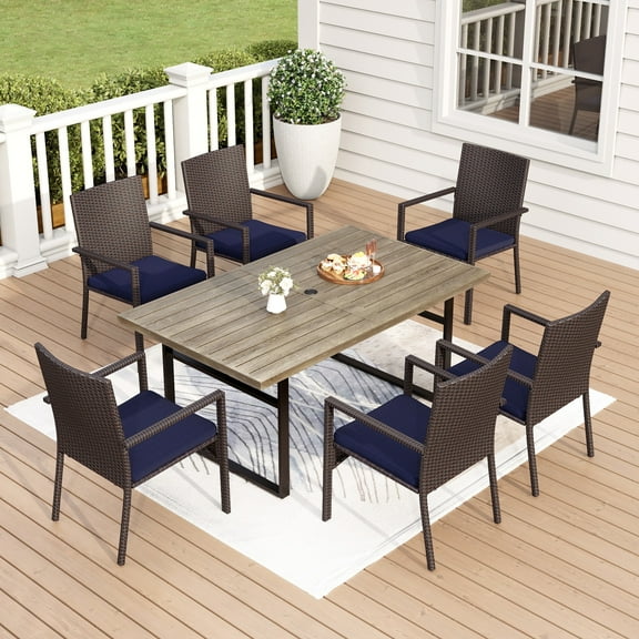 7-Piece Outdoor Patio Dining Set for 6, All-Weather Rattan Chairs and 64" Rectangular Wood-Like Table with Umbrella Hole