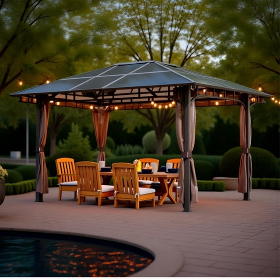 Hardtop Gazebo with Steel Frame & Polycarbonate Roof, 10x12 ft