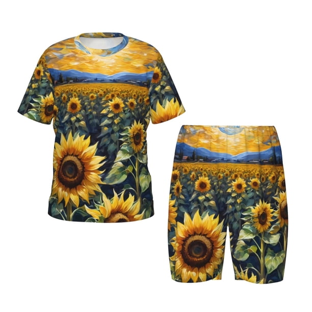Balery Starry Sky Moon Sunflower Conjunto de Pijama Infantil de Manga Corta con Estampado – Ropa de Dormir de Algodón Suave-3X-Large