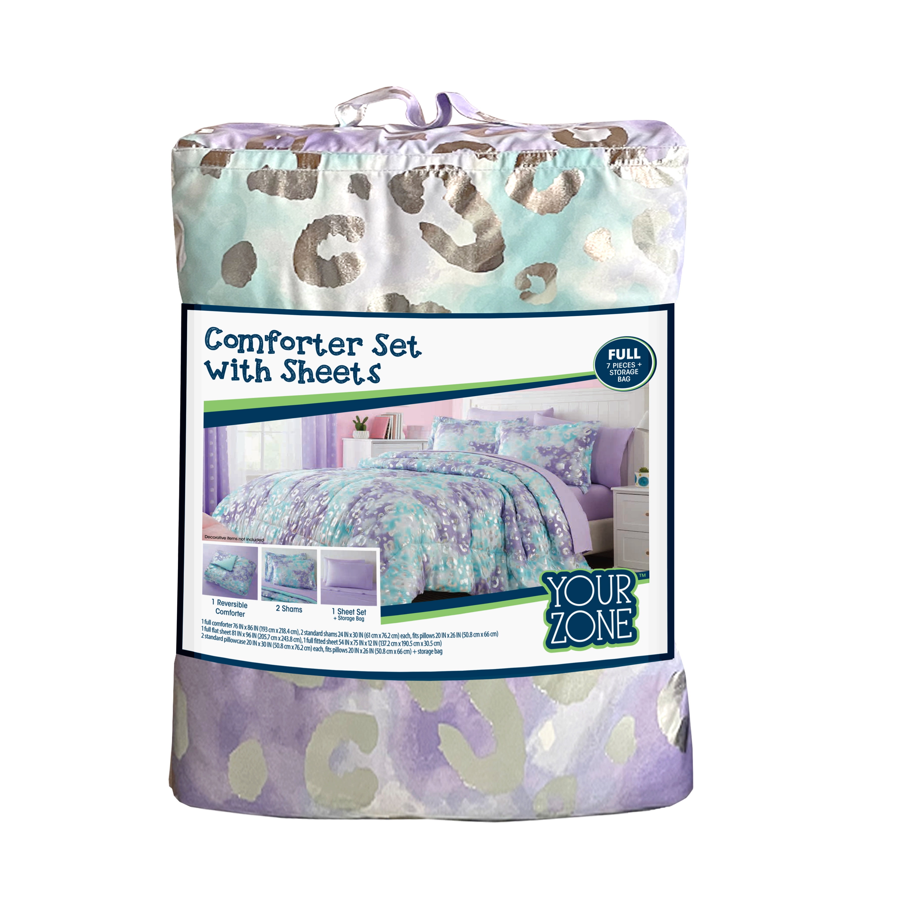 Your Zone 7-Piece Purple Metallic Foil Cheetah Bedding Set for Kids with Storage Bag, Full