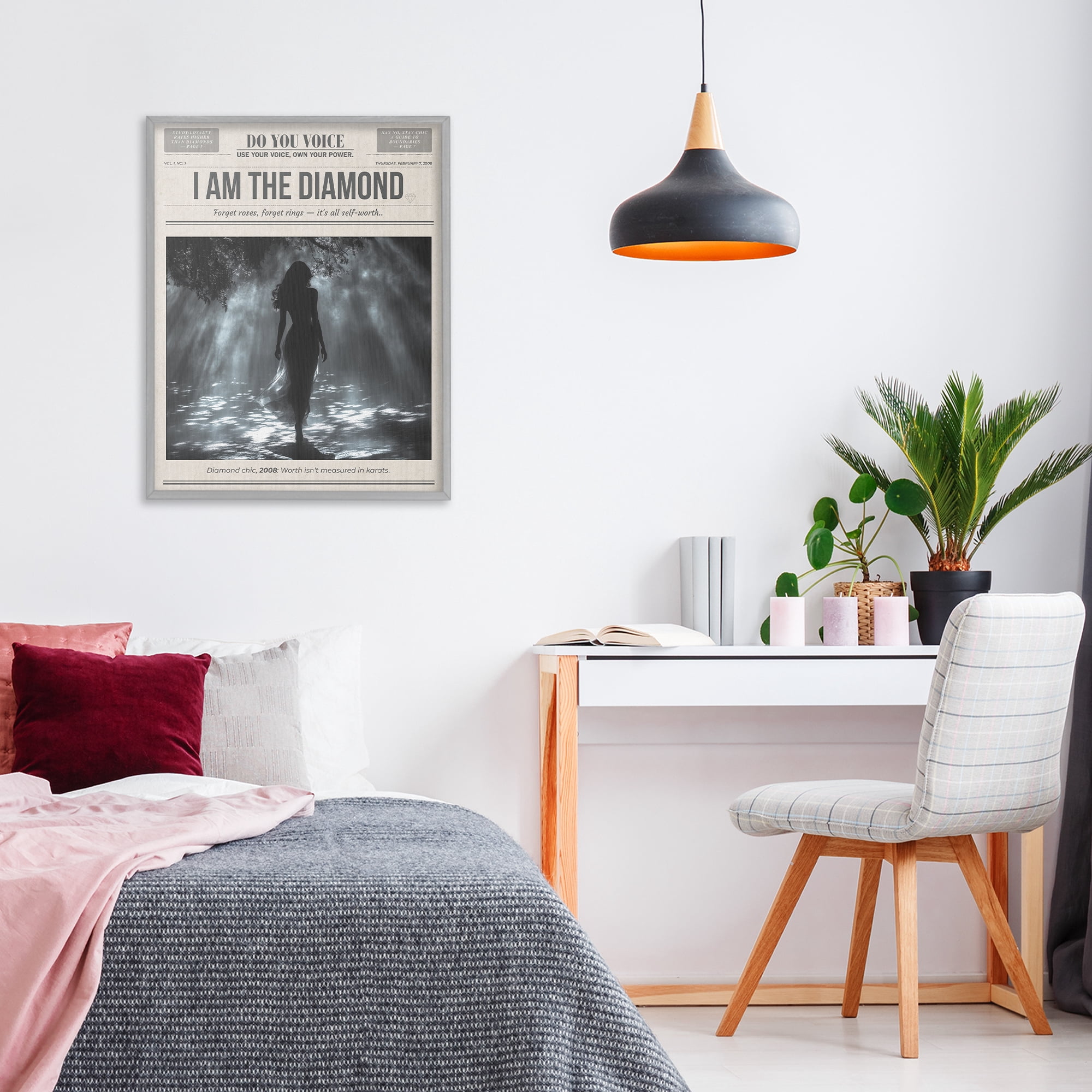 Stupell Industries Diamond Chic Newspaper Gray Framed Giclee Art, design by A Barefoot Stylist
