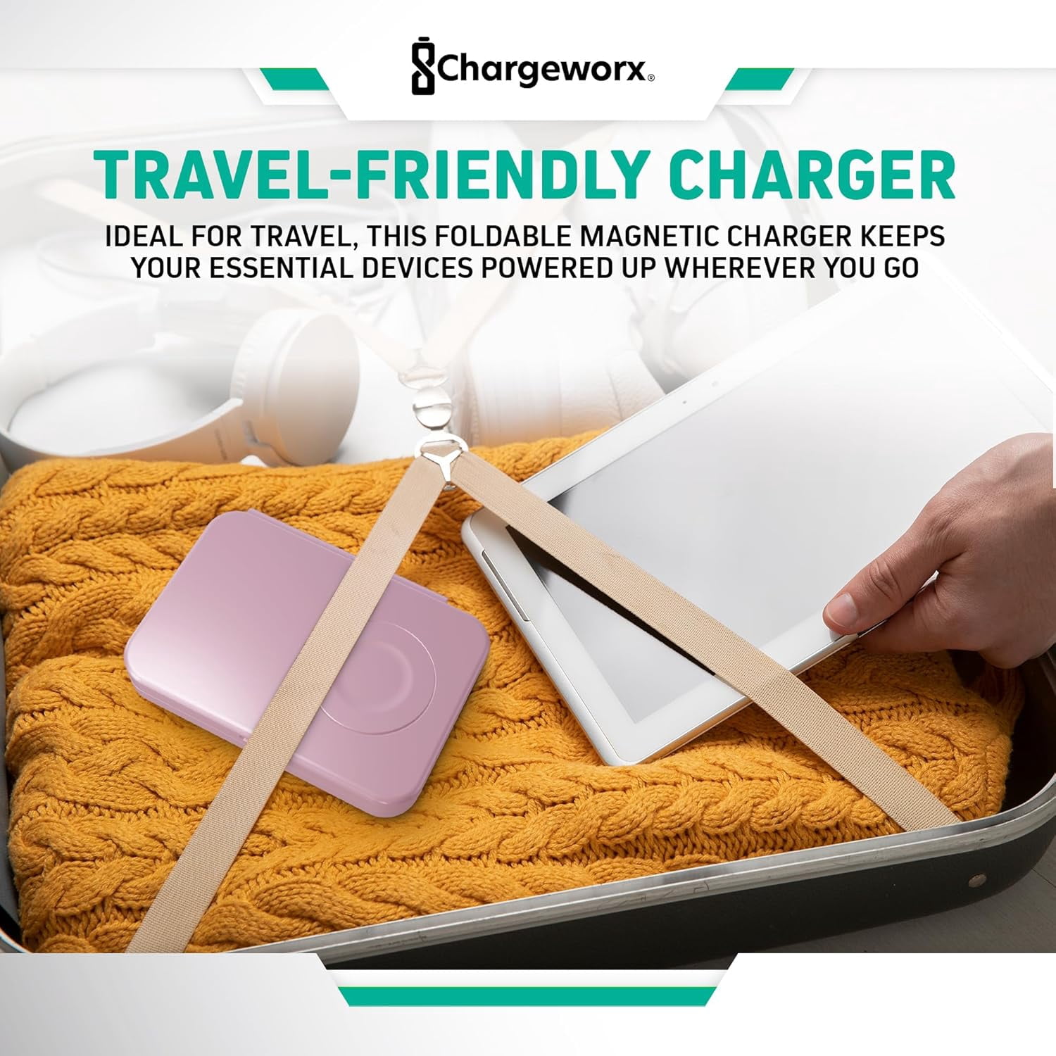 ChargeWorx 3-in-1 Wireless Charger, Foldable Magnetic Charging Station with 15-Watt Fast Charging, Compatible with iPhone, Samsung, and Other Phones, Smartwatches, and Headphones, Pink