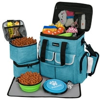 PetAmi Dog Travel Bag Pet Supplies Accessories Organizer For Traveling, Camping, Weekend; Cat Pet Travel Bag Kit includes 2 Food Storage Containers, 2 Collapsible Bowls, 1 Feeding Mat (Teal Blue)
