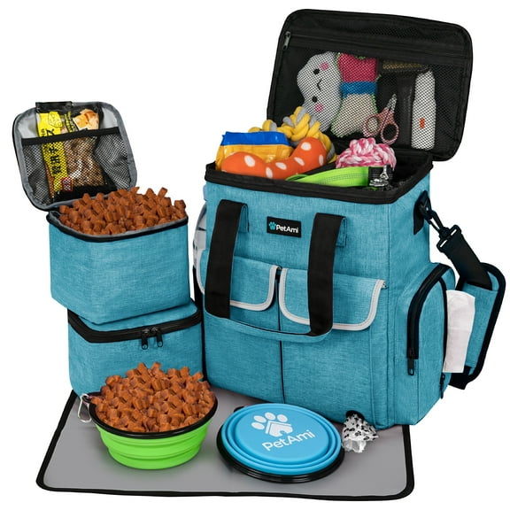 PetAmi Dog Travel Bag Pet Supplies Accessories Organizer For Traveling, Camping, Weekend; Cat Pet Travel Bag Kit includes 2 Food Storage Containers, 2 Collapsible Bowls, 1 Feeding Mat (Teal Blue)