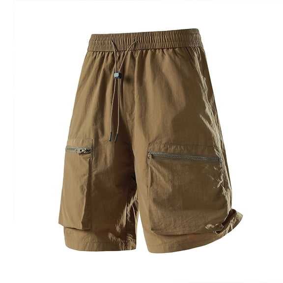 Men's Quick Dry Cargo Shorts, Elastic Drawstring Waist with Zippered Pockets, Casual Outdoor Shorts for Men Athletic Casual Shorts Coffee L