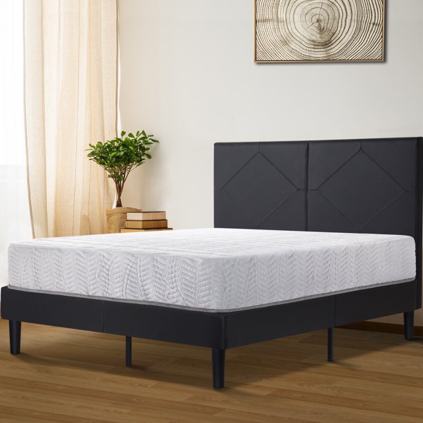 GranRest 14" Dura Metal Faux Leather Platform Bed Frame, Queen