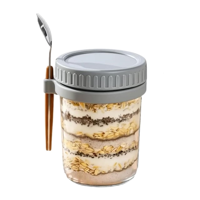 Tarro para avena con tapa de cuchara, recipiente hermético para ensaladas con marcas de medición para cereales, frutas, verduras, leche, yogur y preparación de comidas.