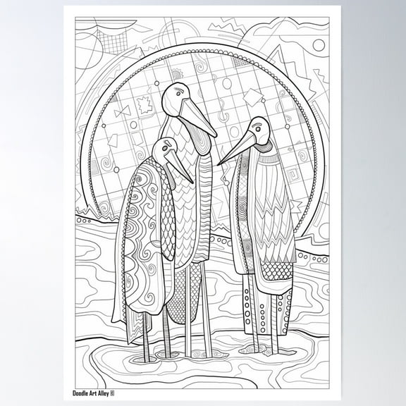 Birds Coloring Art - Doodle Art Alley Poster Wall Art, Modern Wall Decor For Living Room Bedroom, 8x12 UNFRAMED