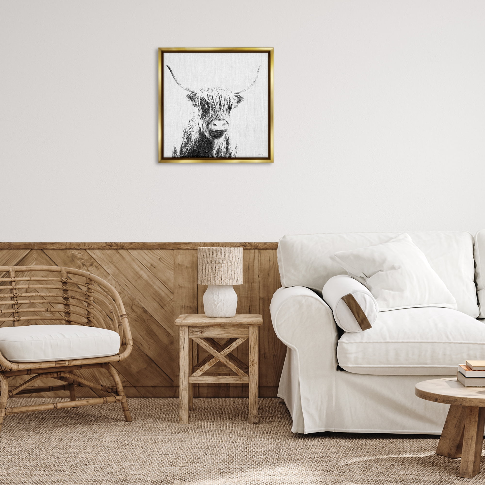 Stupell Industries Longhorn Sketch in Grey Animals Painting Gold Floater Framed Canvas Art Print Wall Art, 25 x 25