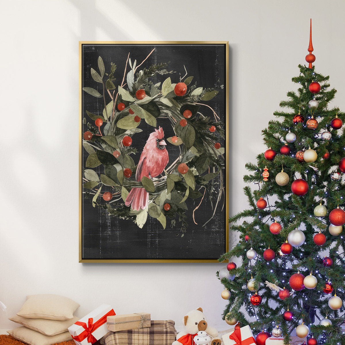 Christmas Cardinal II - Framed Gallery Wrapped Holiday Canvas - 27 x 41 - Gold Frame