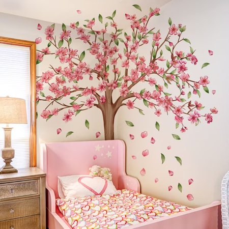 Large peach blossom tree wall stickers, pink flower wall stickers Plant Wall Art Stickers for Living Room Bedroom Nursery Wall Decor